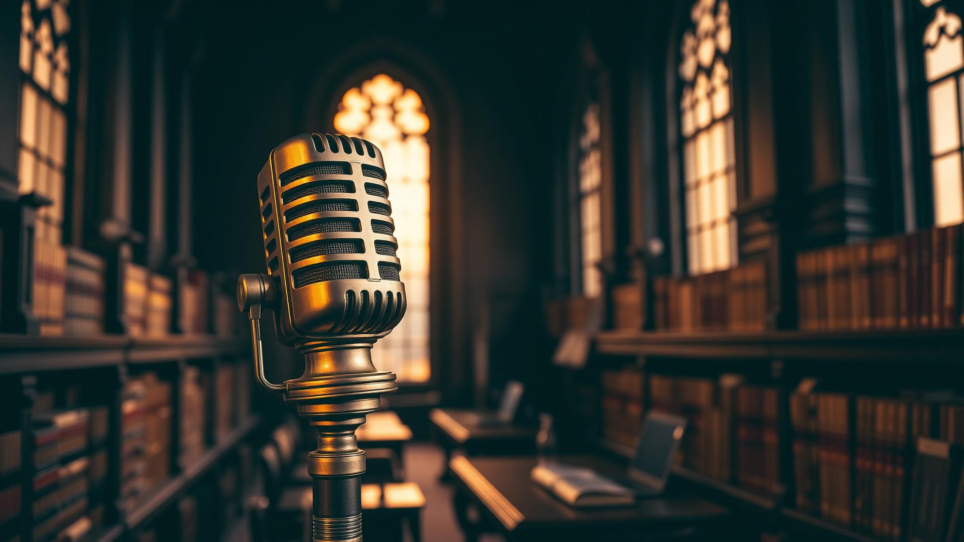 A vintage golden microphone standing in a grand library bathed in warm light
